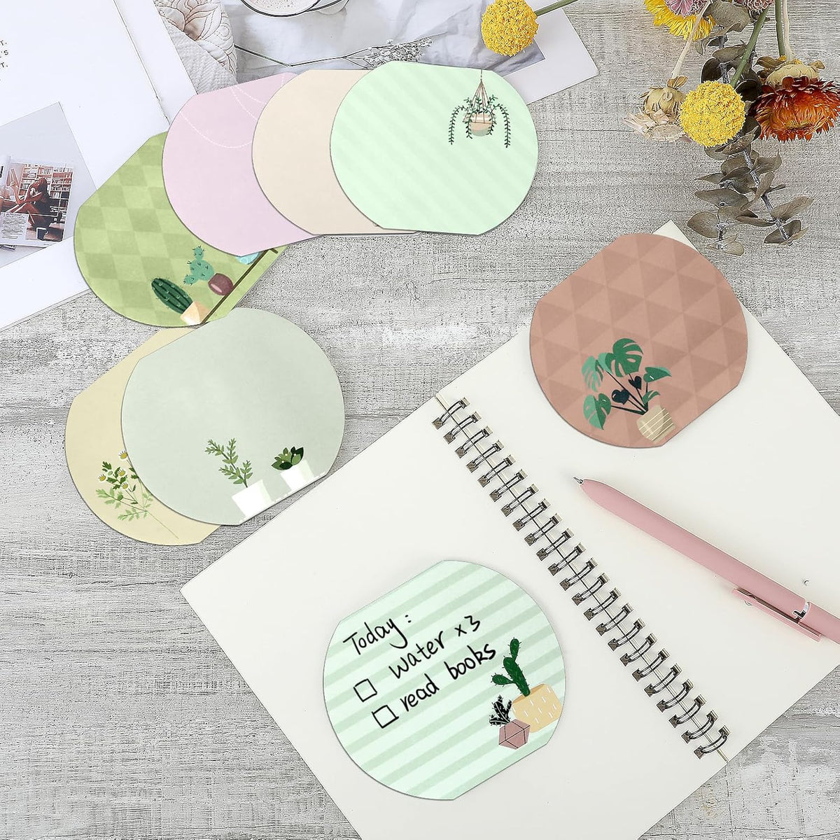8Styles Plant Sticky Notes Cute, Spring Theme Note Pads Set, Fishbowl Shape Funny Leaf Sticky Notes, Aesthetic Succulent Notepads for School Office Work Supplies (50 Sheets Per Pad)