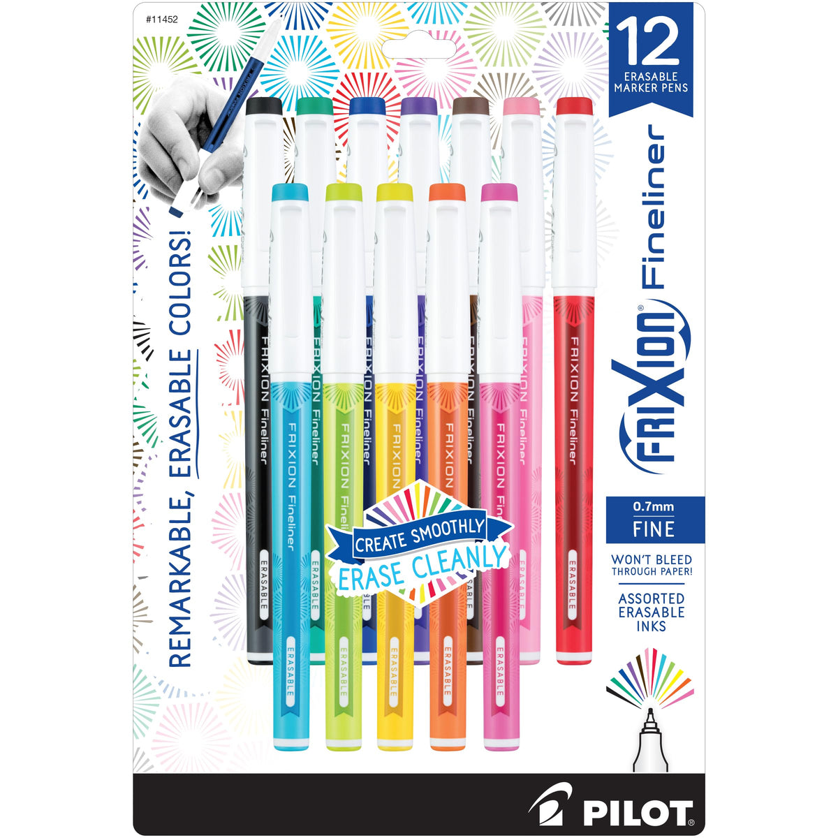 PILOT FriXion Fineliner Erasable Marker Pens, 0.7mm, Assorted, 12-Pack