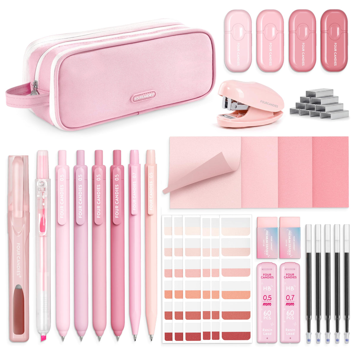 Four Candies Cute Aesthetic Pink School Supplies Kit for Girls