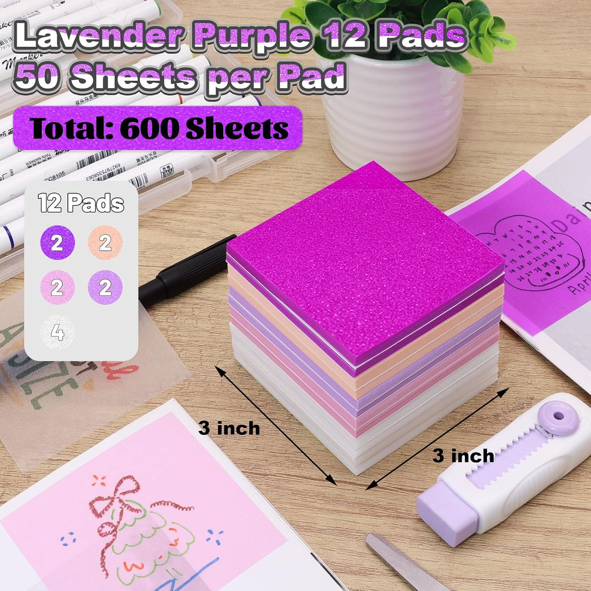 Transparent Sticky Notes Glitter 3"X3" 600 Sheets PET Dreamy Violet 12 Pads