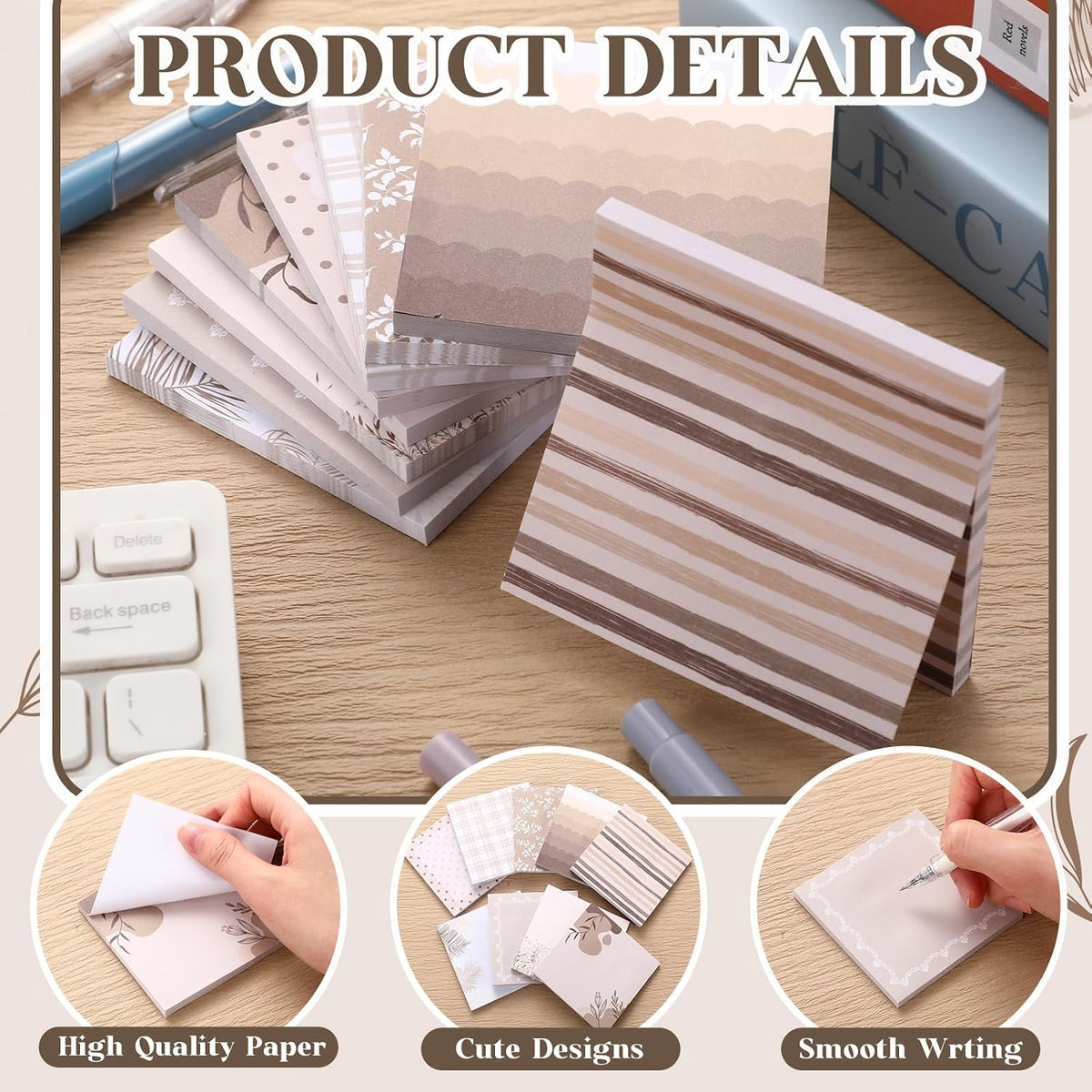 9 Pads Aesthetic Brown Sticky Notes, 3 x 3 Inch Pastel Notepads