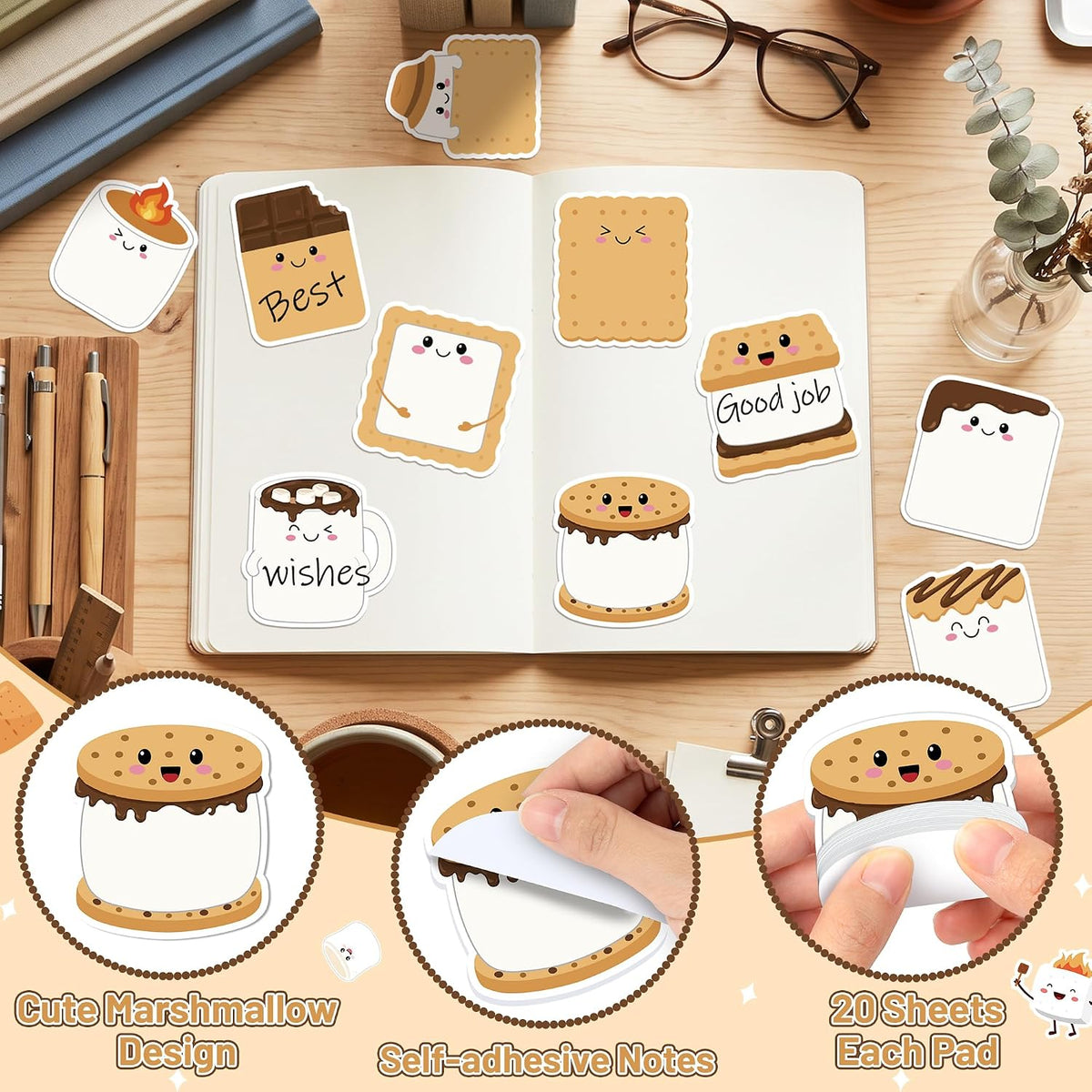 CJiangpo 30Pcs Marshmallow Funny Sticky Notes Pads Camping Party Favors