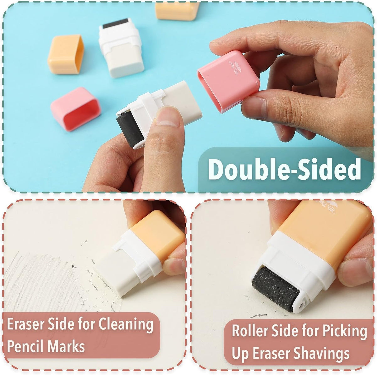 Mr. Pen- Eraser with Cover and Roller, 6 Pack, Pastel Colors
