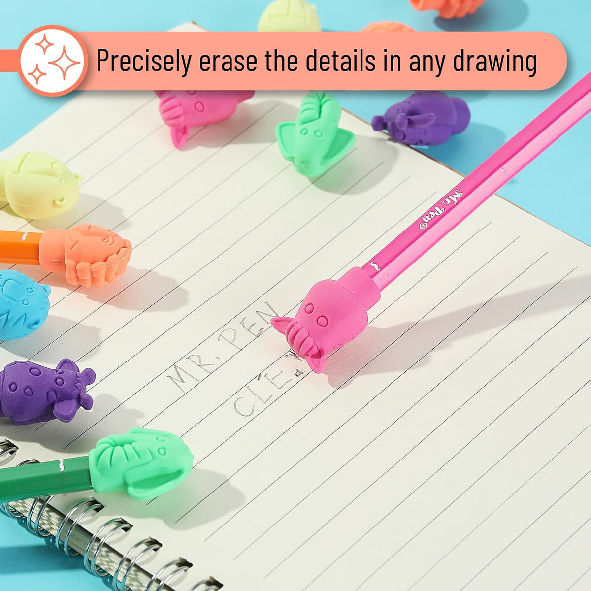 Mr. Pen- Animal Pencil Top Eraser, 60 Pack, 6 Assorted Styles