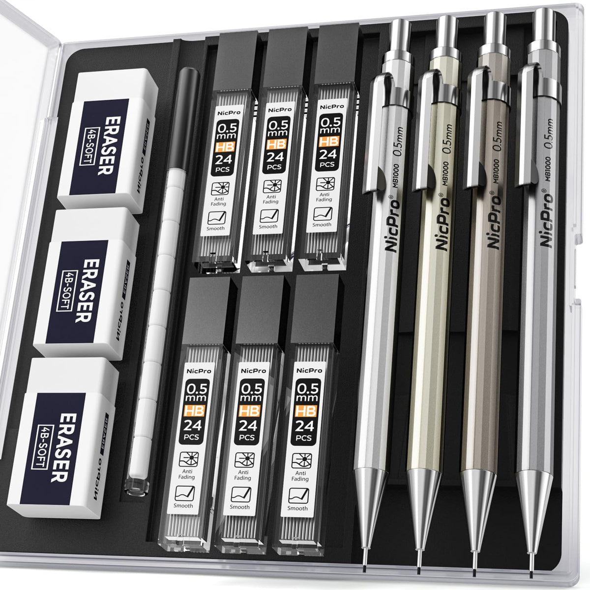 Nicpro 4 Pack Mechanical Pencil 0.7mm, MB1000 Metal Mechanical Pencil Set