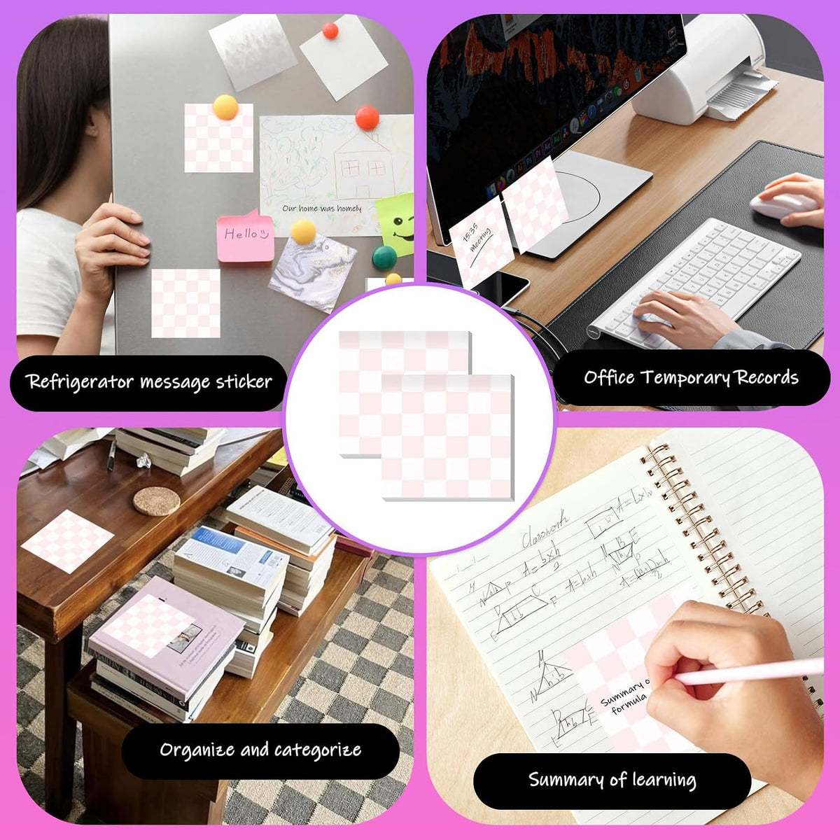 Sticky Notes 3x3 Inches, 2 Pads Cute Colorful Self-Stick Note Pads, Easy to Post for Home, Office and Daily Life Organization Cute Pink Checkers