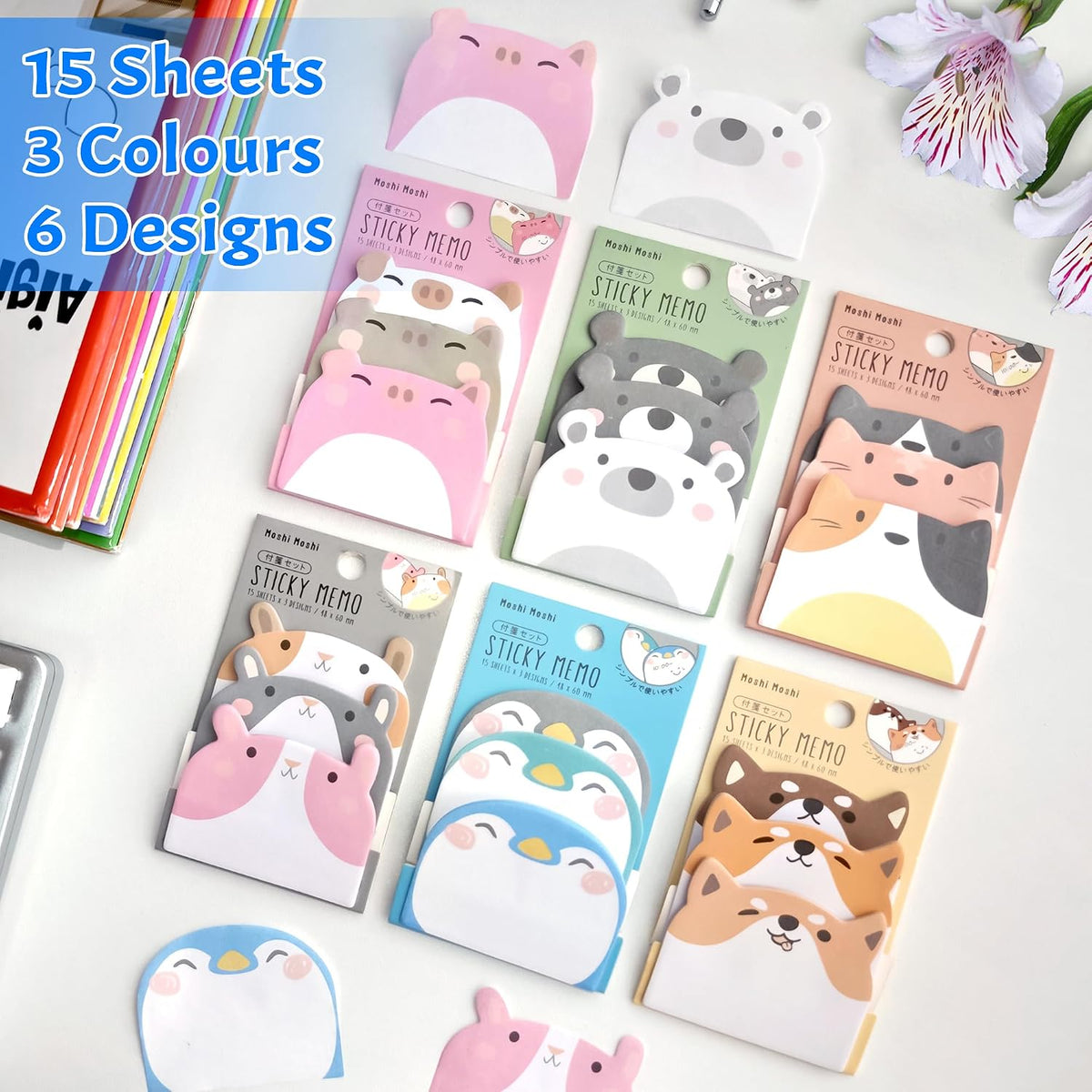 6 Pack Cute Animal Shape Sticky Notes, 270 Sheets