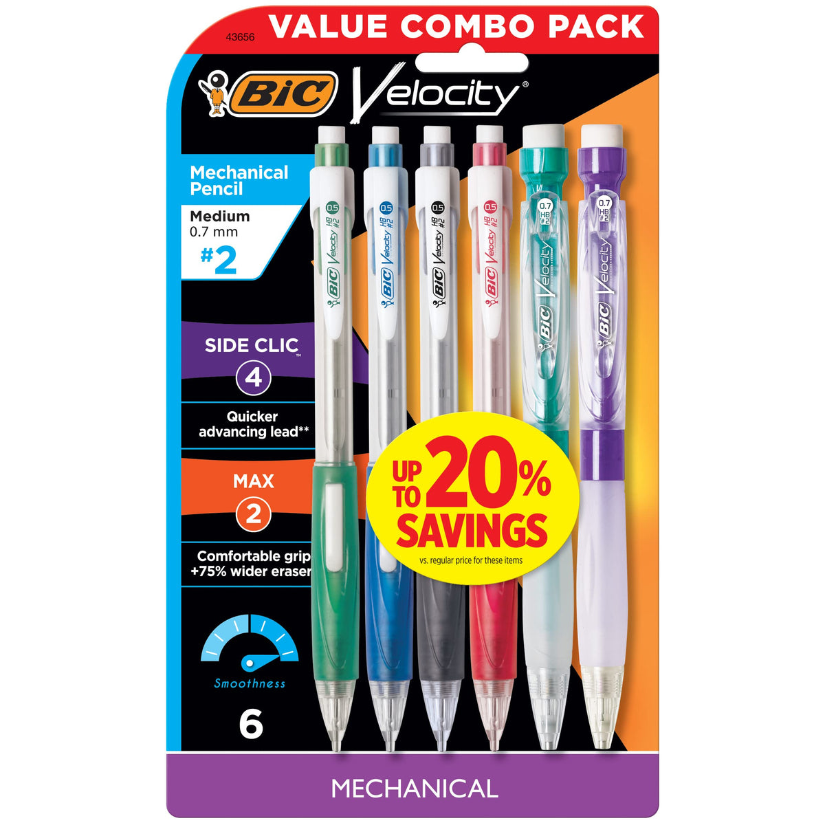 BIC Velocity Colored Lead Mechanical Pencils, Medium Point, 0.7 mm, 6-Count