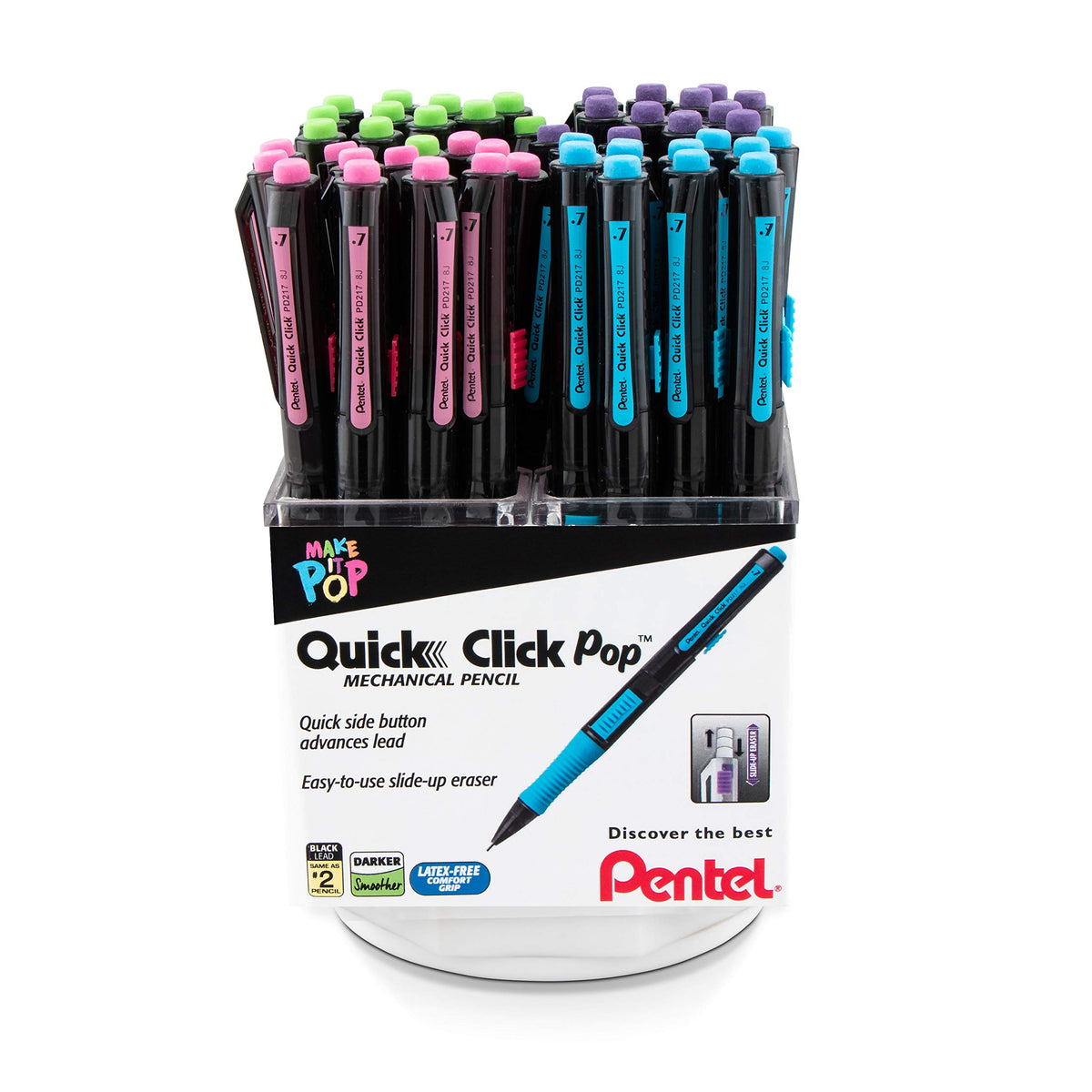 Pentel Quick Click Pop Mechanical Pencil, (0.7mm), Medium, 2 Eraser Refills, Pack of 4 (PD217ALEBP4)
