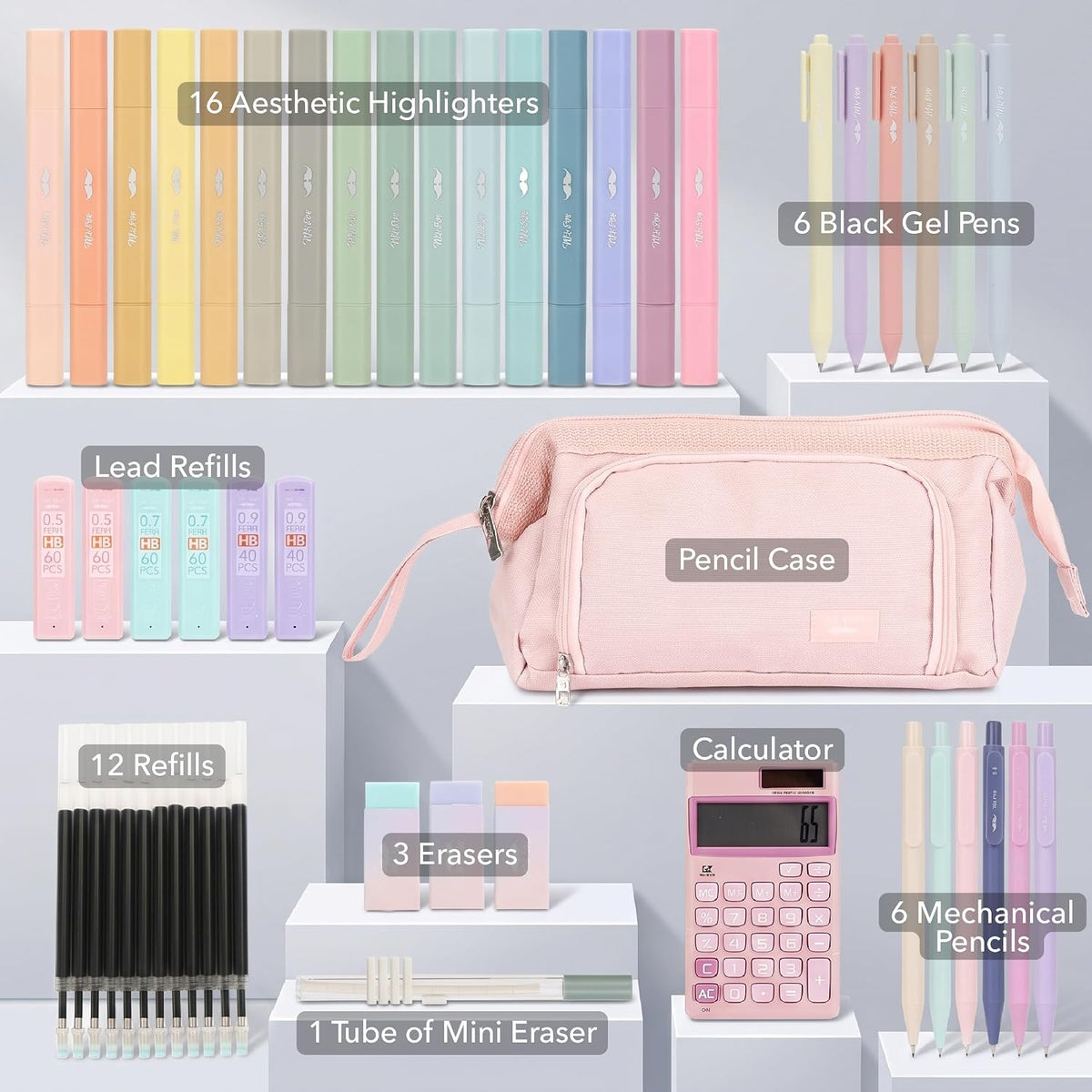 Mr. Pen- Cute School Supplies with Pen Case, 52 pcs, Pink, College Supplies