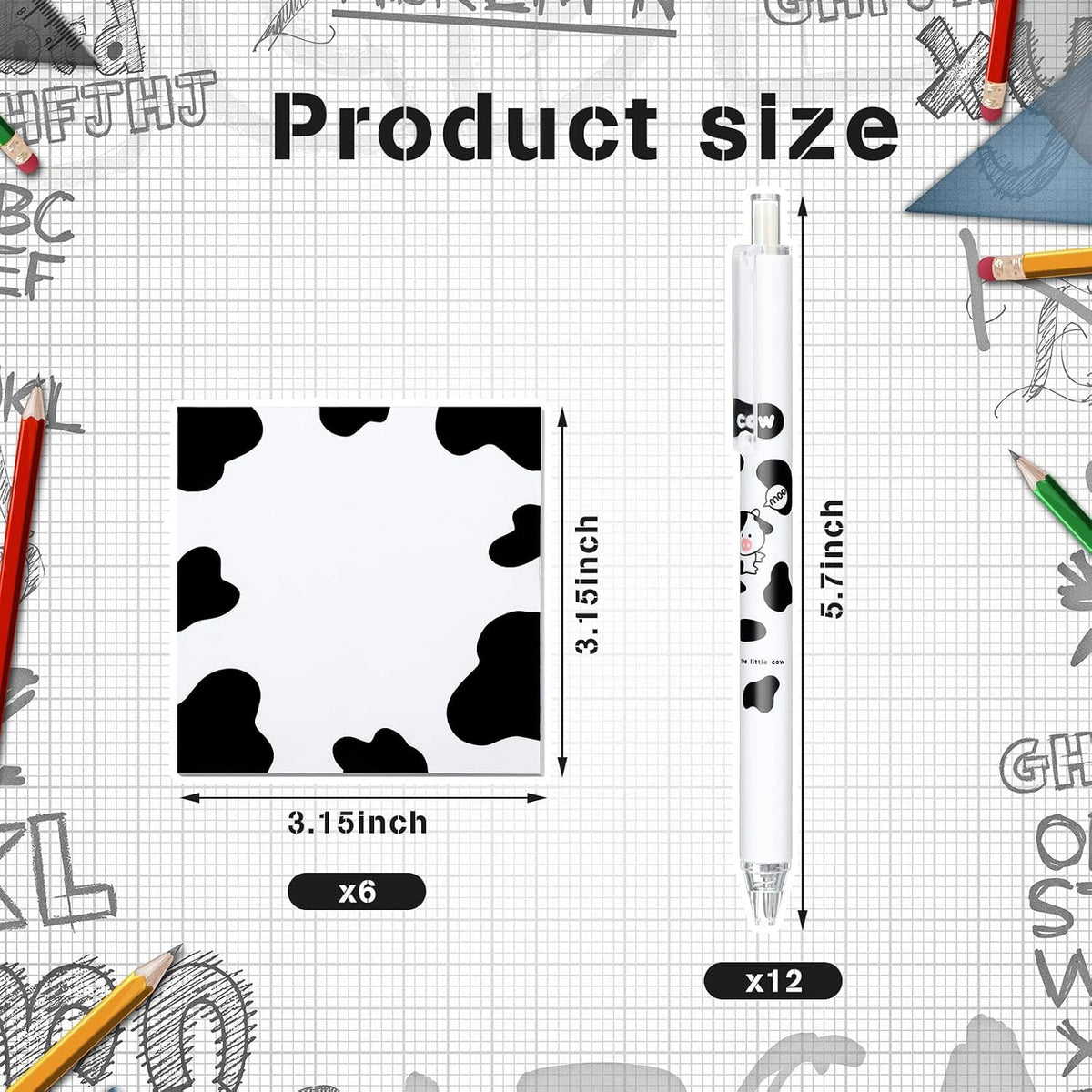 Sabary 12 Pcs Cute Cow Print Pens 6 Pad Sticky Notes for Student Gift
