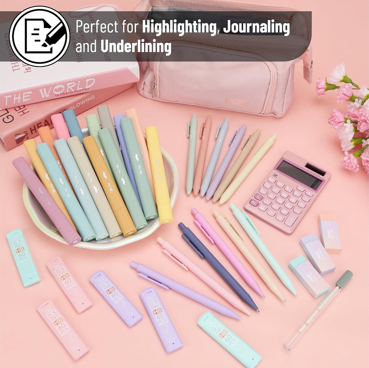 Mr. Pen- Cute School Supplies with Pen Case, 52 pcs, Pink, College Supplies