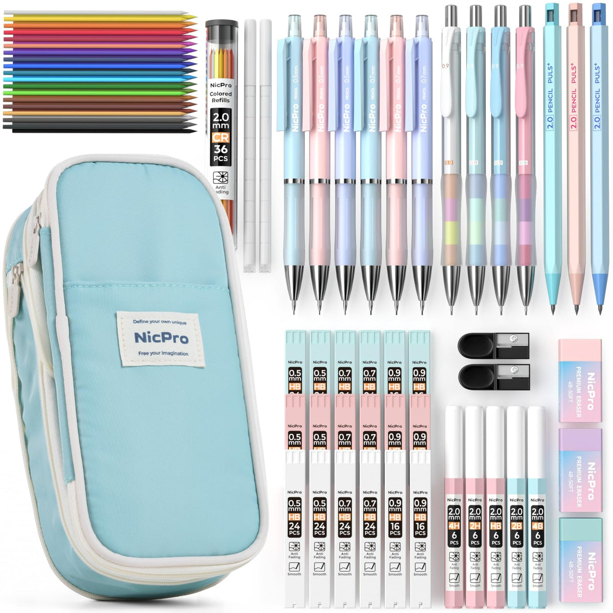 Nicpro 45PCS Mechanical Pencils with 462 Lead Refills (Pink)