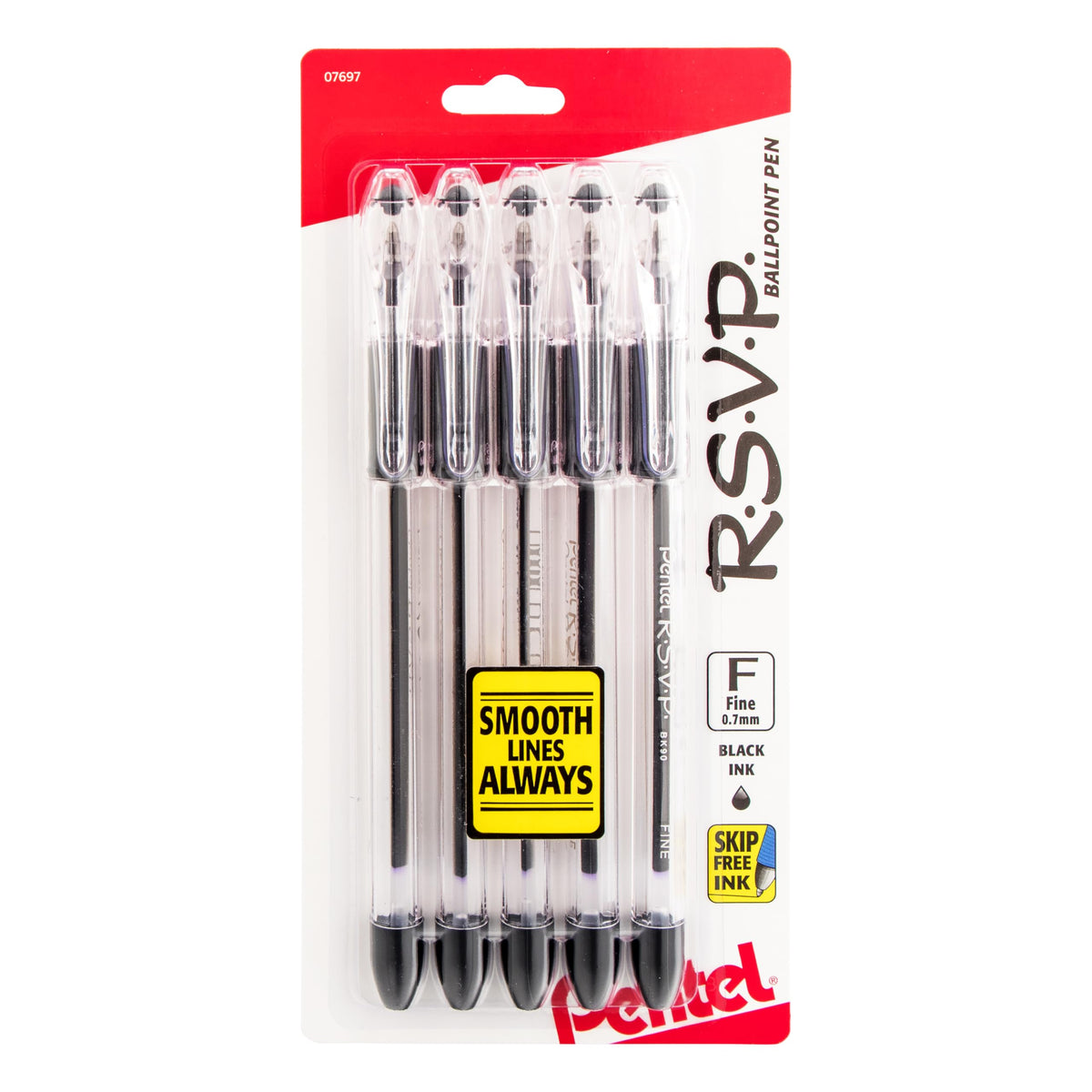 Pentel RSVP Ballpoint Pen, (0.7mm), Fine Line, Black Ink, Pack of 5 (BK90PF5A)