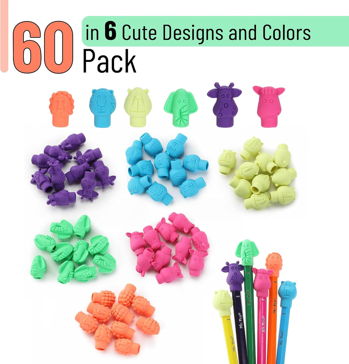 Mr. Pen- Animal Pencil Top Eraser, 60 Pack, 6 Assorted Styles