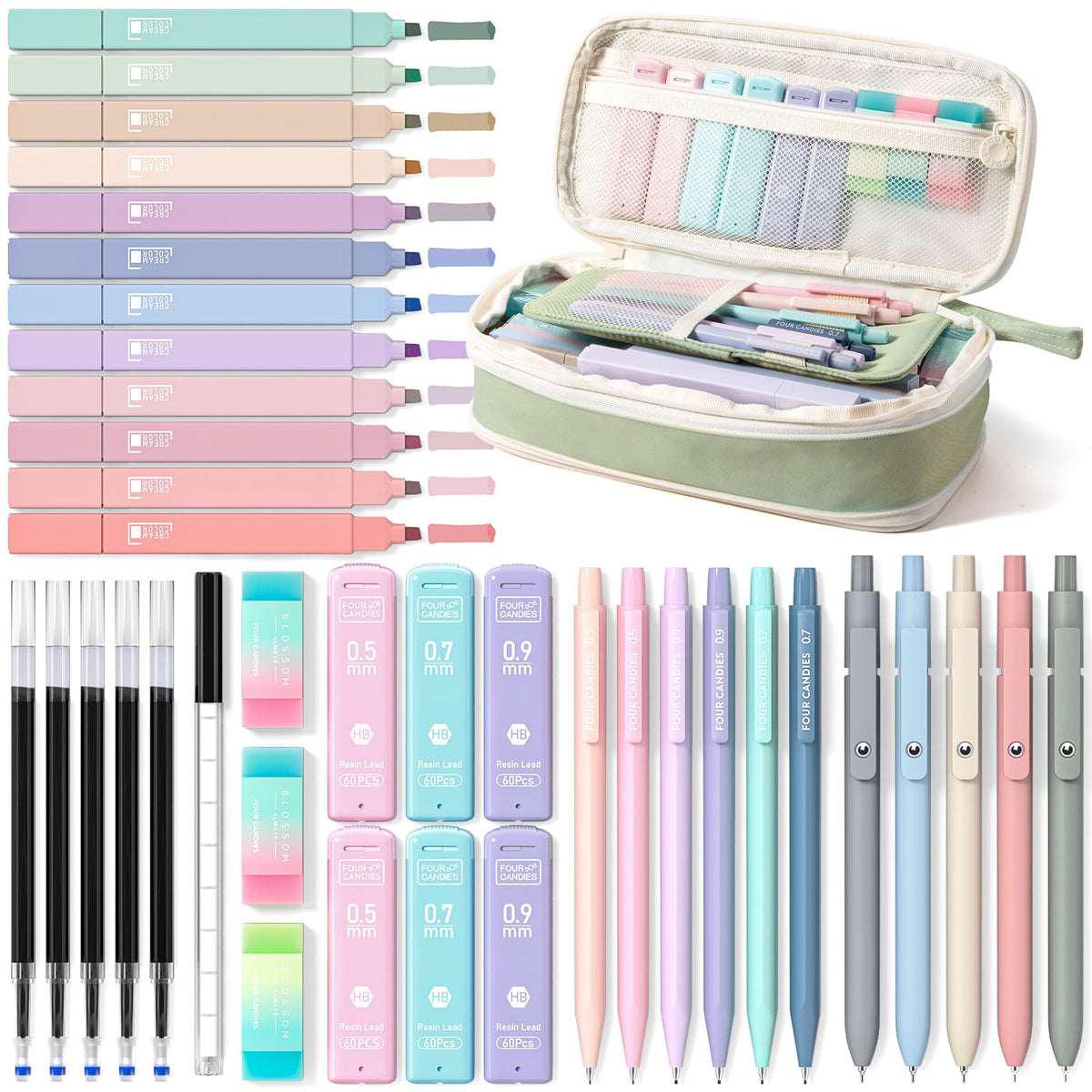 Four Candies School Supplies with Cute Pencil Case, 39ct, Blue