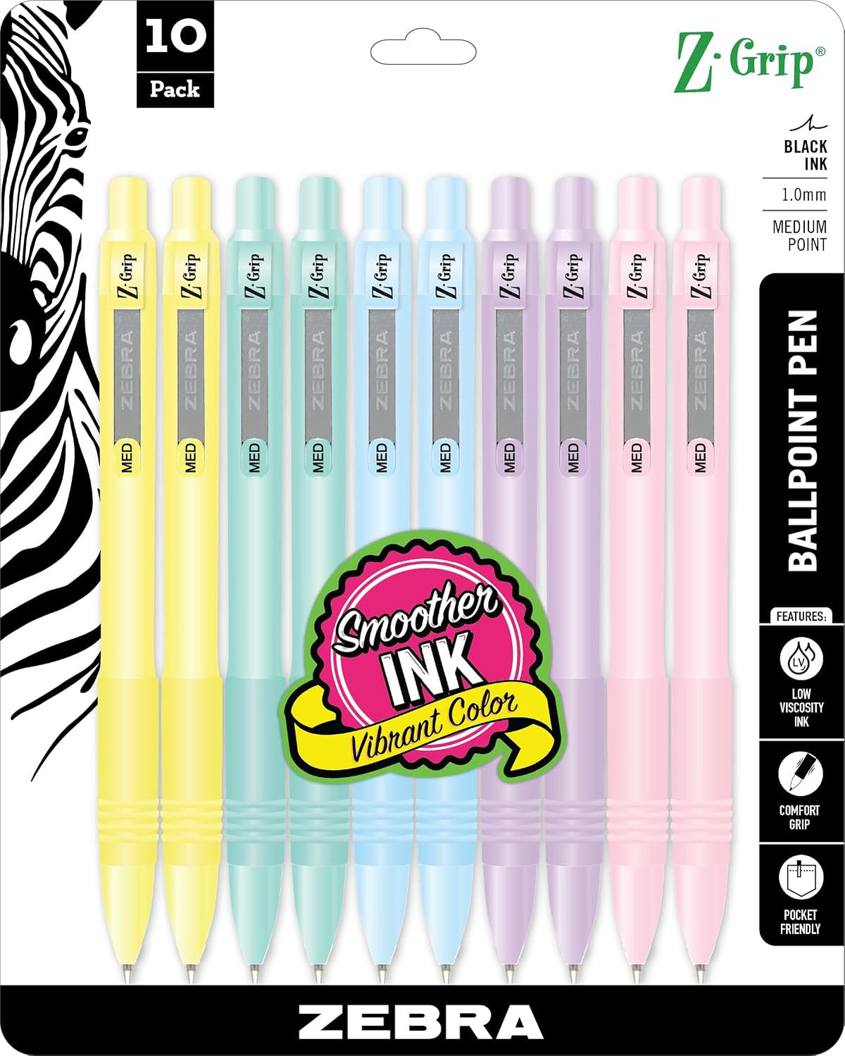 Zebra Pen Z-Grip Retractable Ballpoint Pen, Black Ink, 1.0mm, 10-Pack