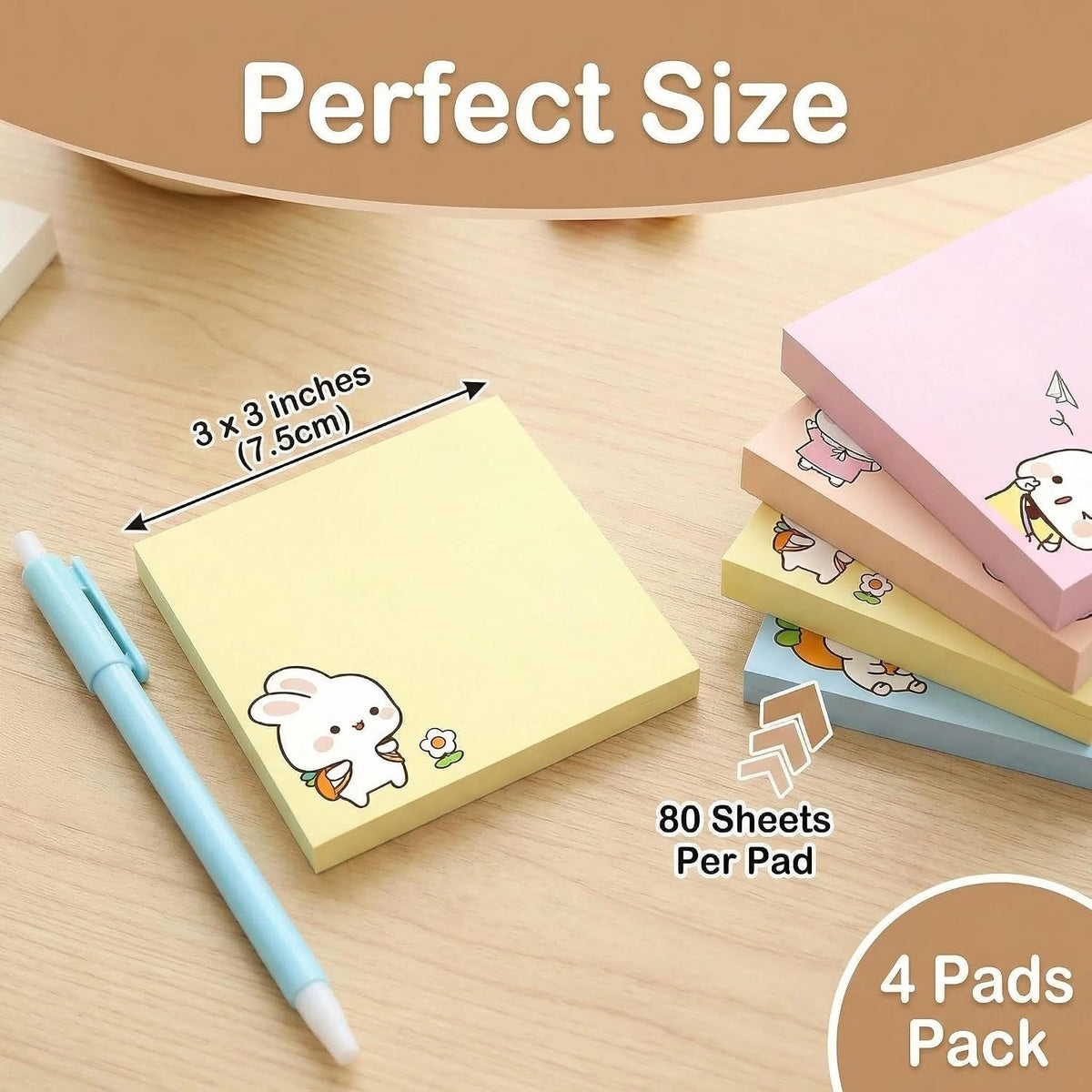 Cute Kawaii Bunny Sticky Notes 3x3 Inch 4 Pads 80 Sheets Memo Pads