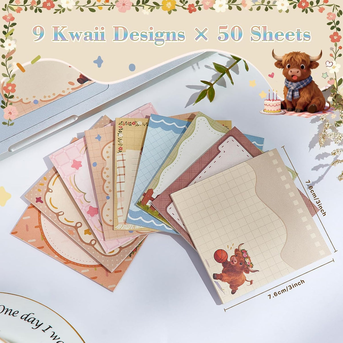 Highland Cow Sticky Notes, 3x3 Inch, 9 Pads, Cute Animal Post It Notes