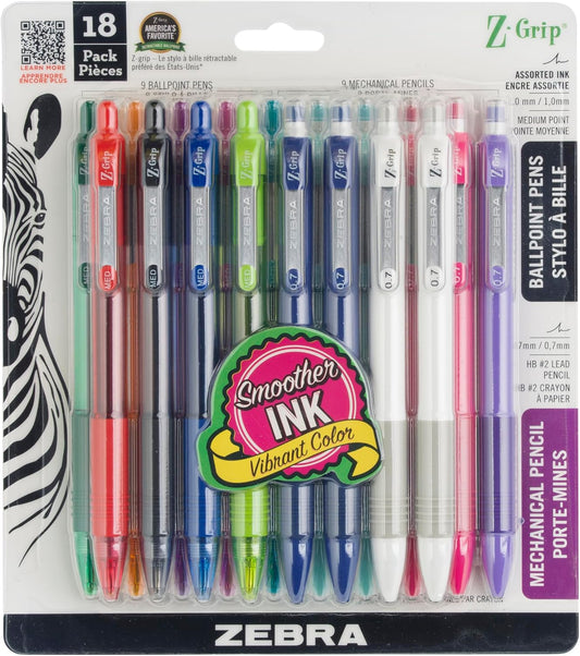 Zebra Pen Z-Grip Ballpoint Pen & Mechanical Pencil Set, Assorted, 18-Pk