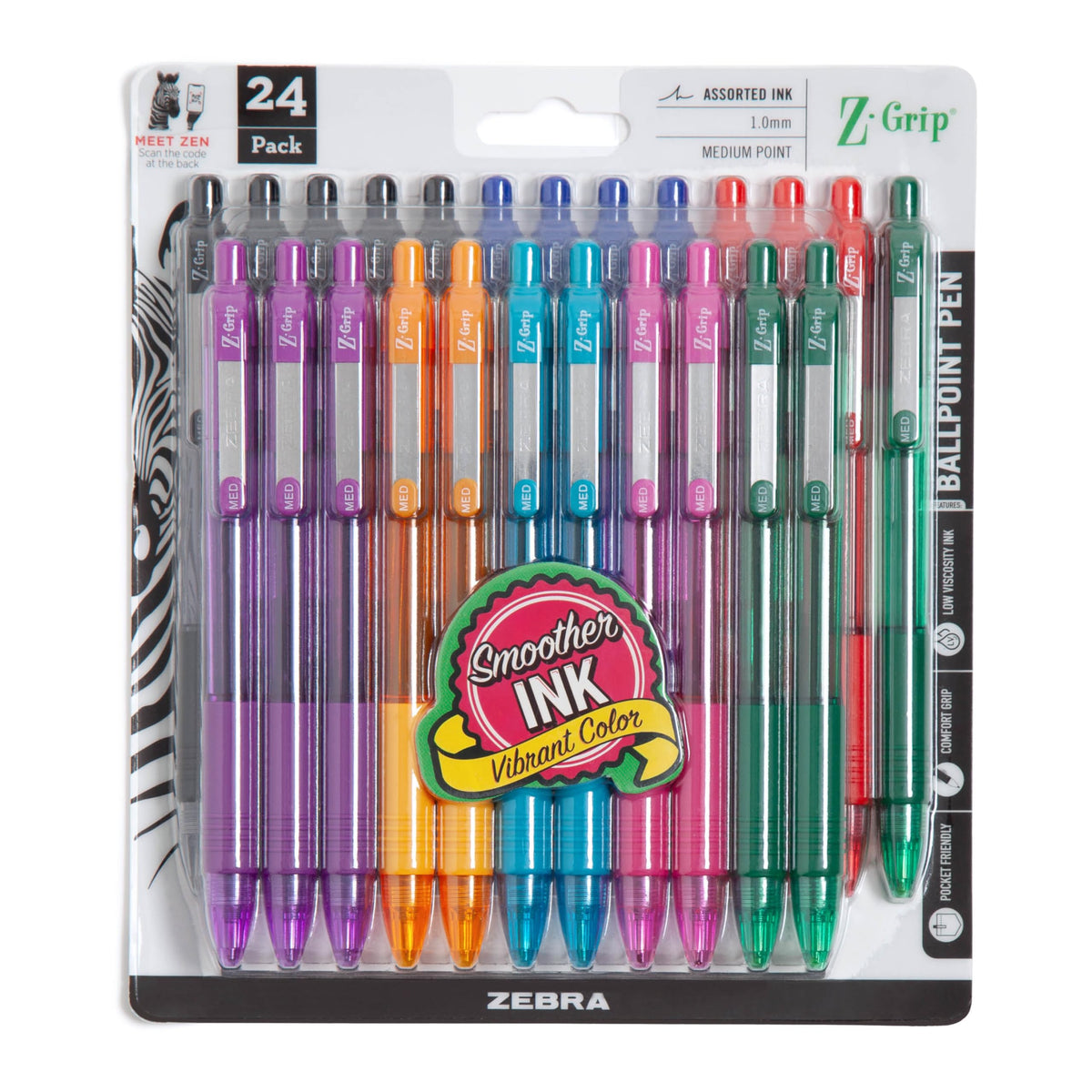 Zebra Pen Z-Grip Retractable Ballpoint Pen, Black Ink, 1.0mm, 10-Pack