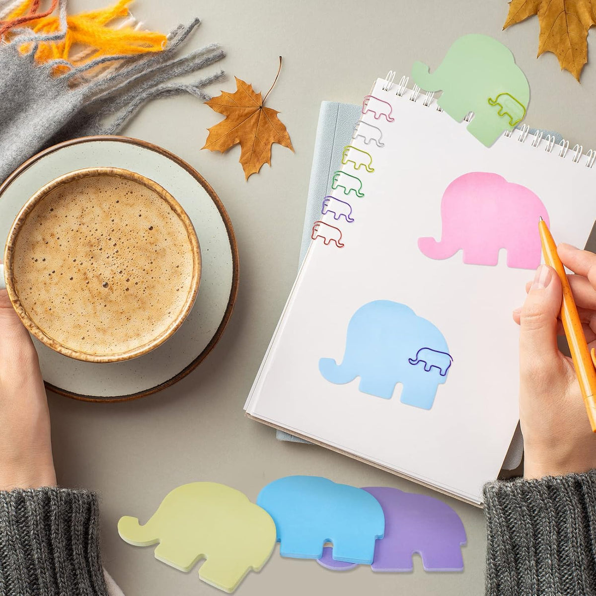Gueevin 240 Sheets Animal Sticky Notes and 60pcs Paper Clips Set, Elephant