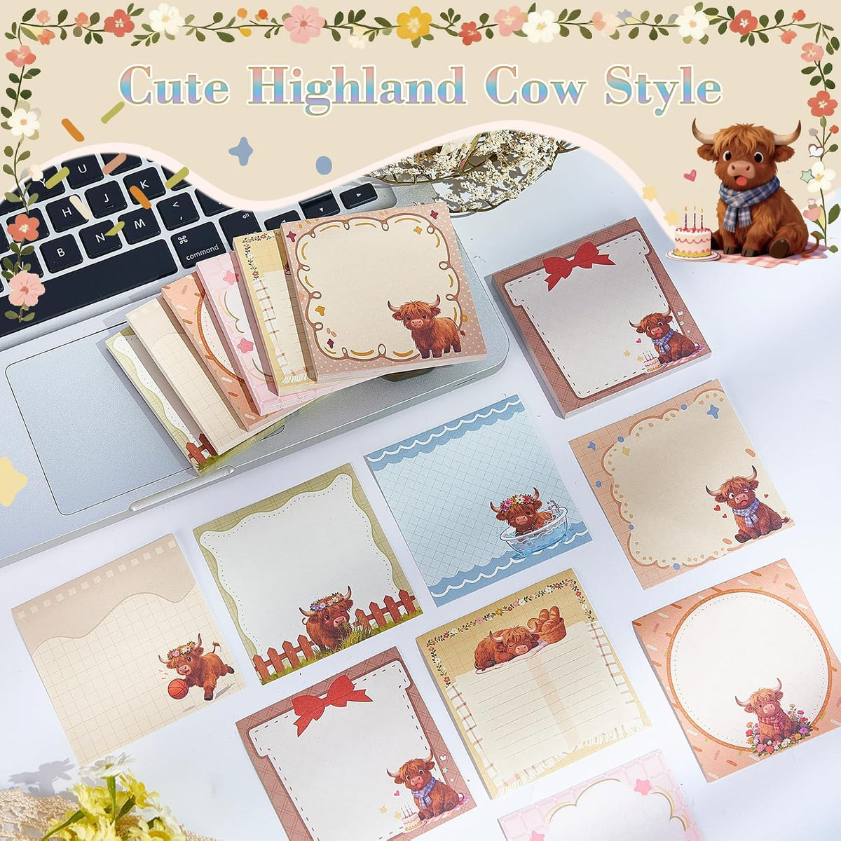 Highland Cow Sticky Notes, 3x3 Inch, 9 Pads, Cute Animal Post It Notes