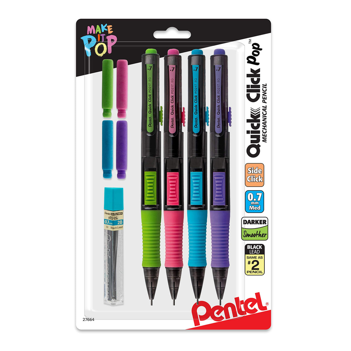 Pentel Quick Click Pop Mechanical Pencil, (0.7mm), Medium, 2 Eraser Refills, Pack of 4 (PD217ALEBP4)
