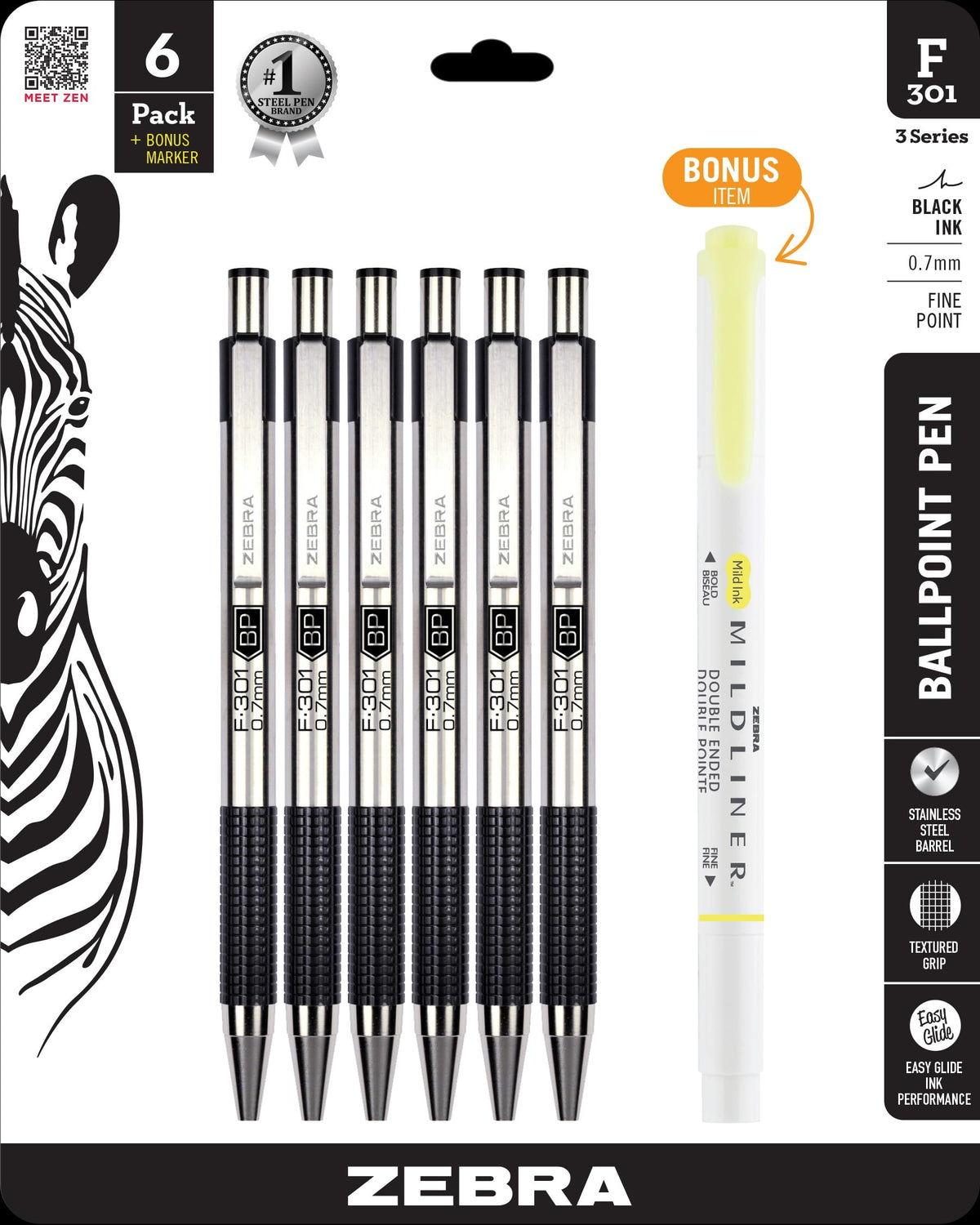 Zebra Pen STEEL F-301 Retractable Ballpoint Pen, Black Ink, 0.7mm, 4-Pack