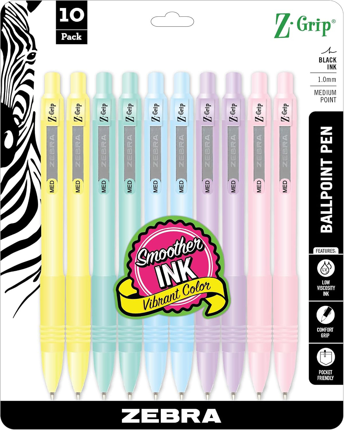 Zebra Pen Z-Grip Retractable Ballpoint Pen, Black Ink, 1.0mm, 10-Pack