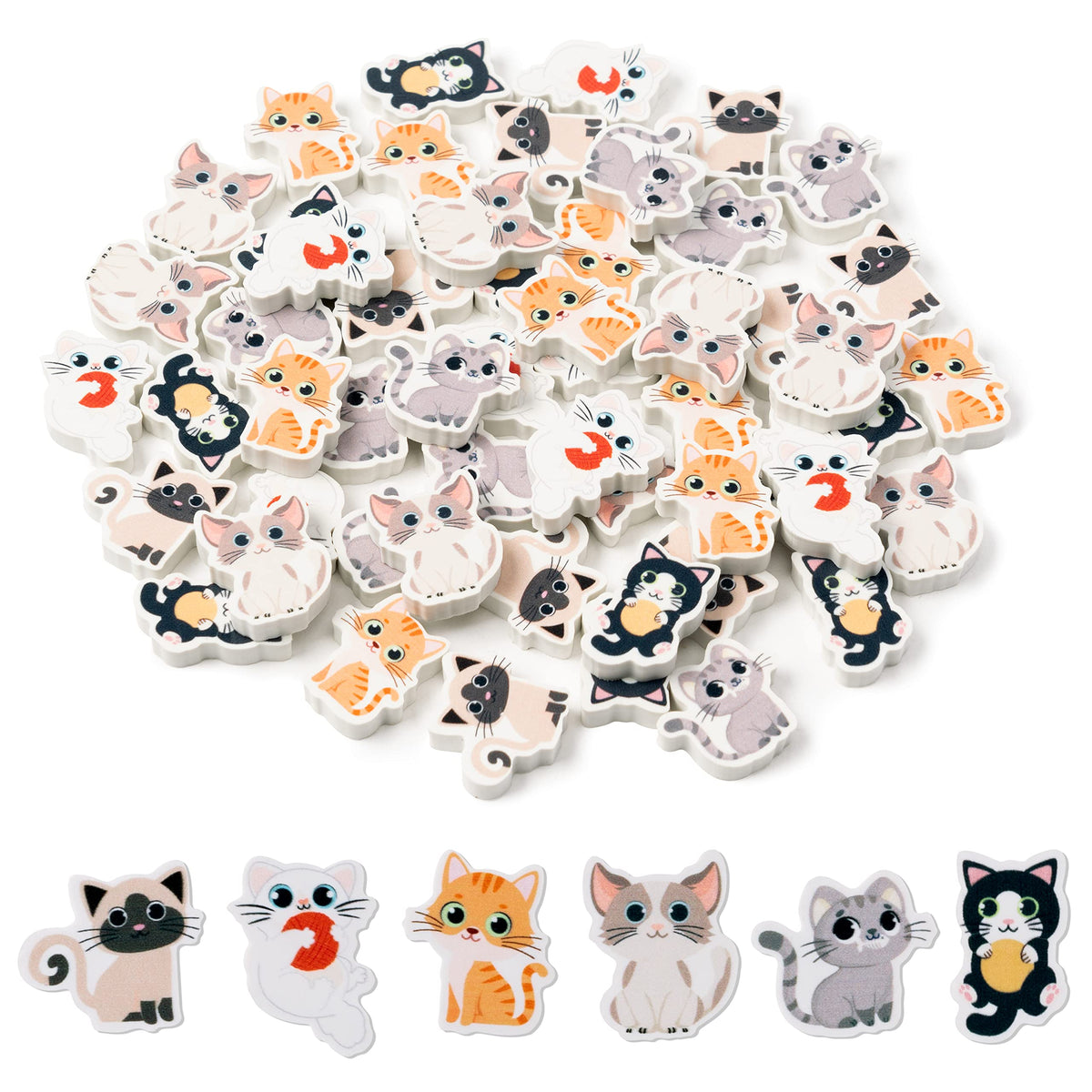 ANGOLIO 60Pcs Cute Cat Erasers Back to School Gifts for Kids Animal Pencil Top Erasers Mini Kawaii Cartoon 3D Desk Pet for Classroom Activities Rewards Game Prizes Birthday Party Supplies, 6 Styles