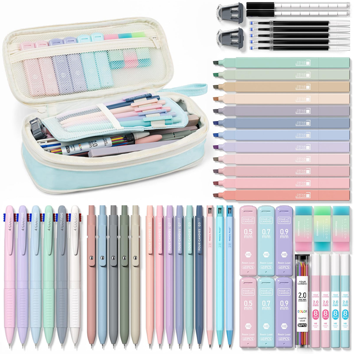 Four Candies 56PCS School Supplies with Pencil Case, Stationery Set, Pink