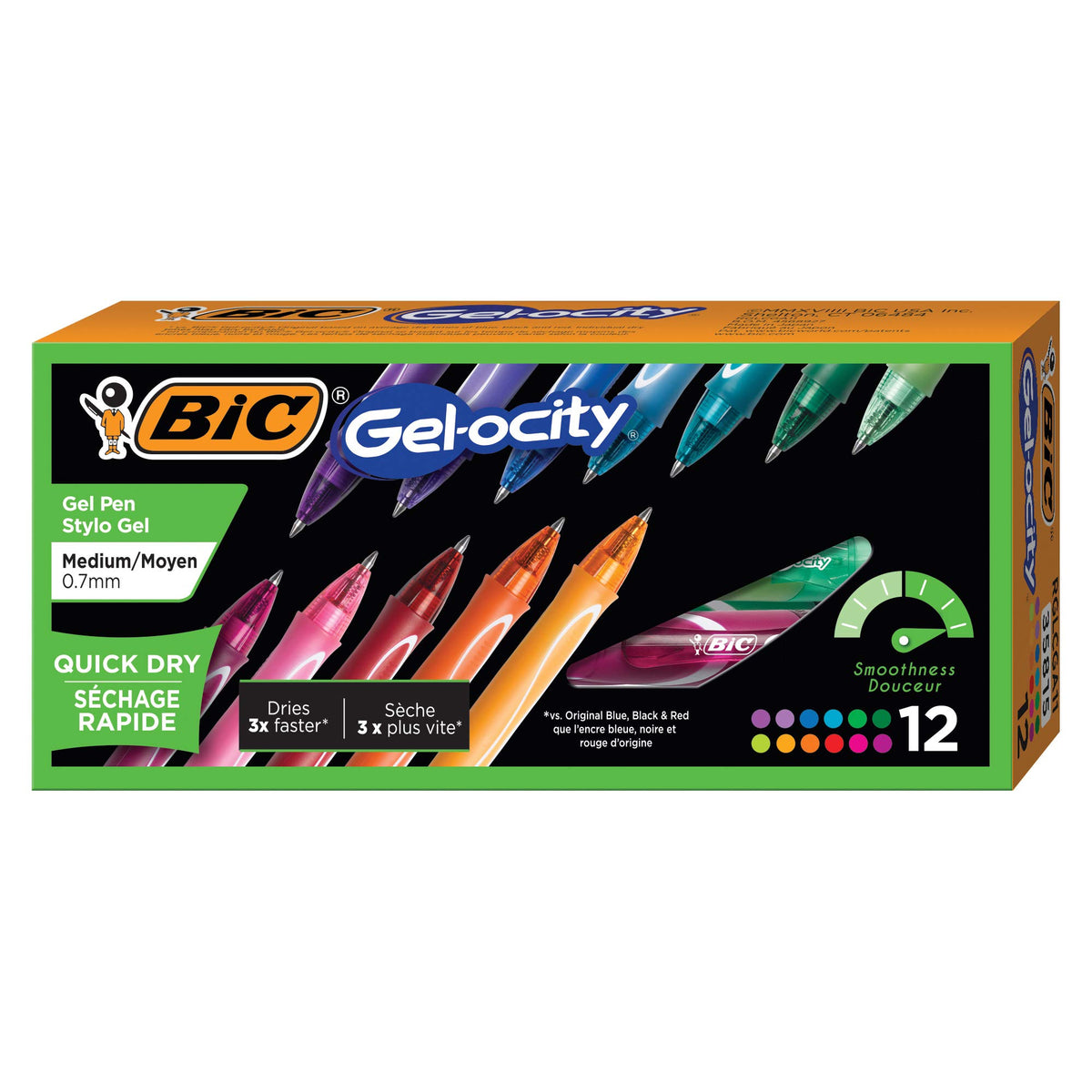 BIC Gelocity Quick Dry Assorted Colors Gel Pens, 12-Count Pack, 0.7 mm