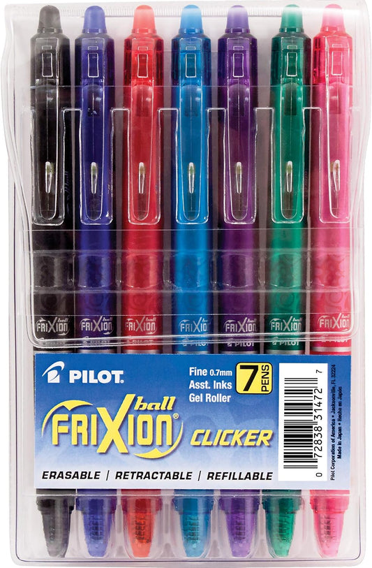 PILOT FriXion Clicker Gel Ink Pens 0.7mm, Assorted Colors, 7-Pack