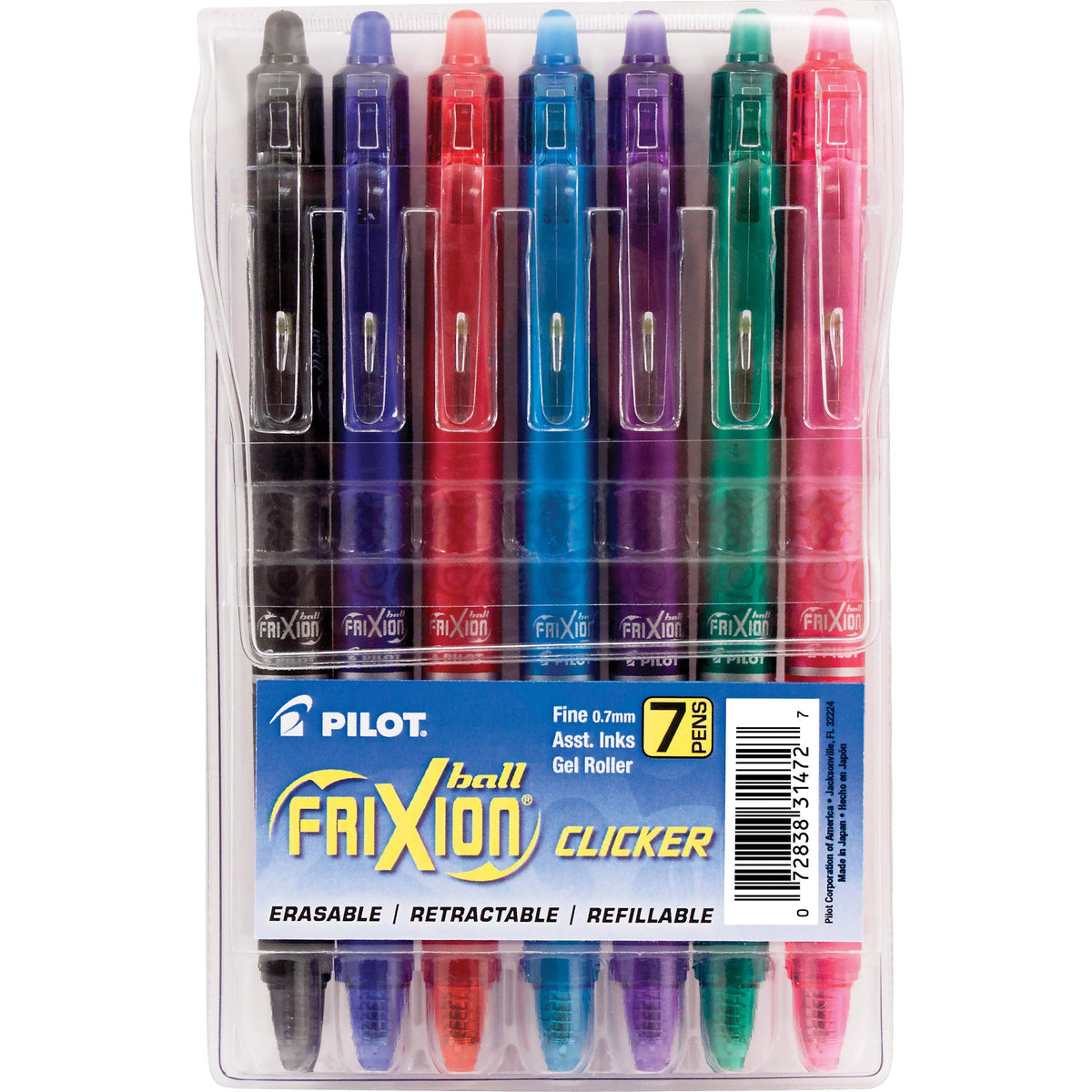 PILOT FriXion Clicker Gel Ink Pens 0.7mm, Assorted Colors, 7-Pack